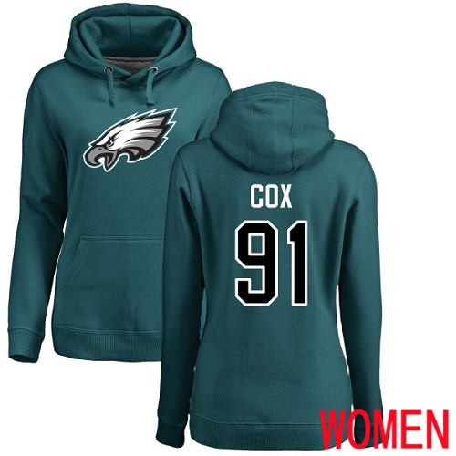 Women Philadelphia Eagles #91 Fletcher Cox Green Name and Number Logo NFL Pullover Hoodie Sweatshirts
